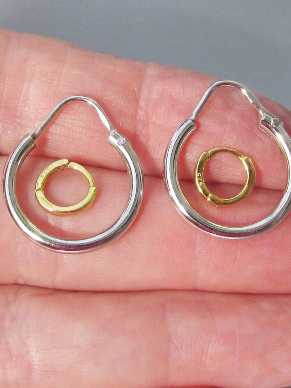 Vintage 2 Pr Unisex Sterling Silver Hoop Earrings, 1 Sm Vermeil for Brow or Nose